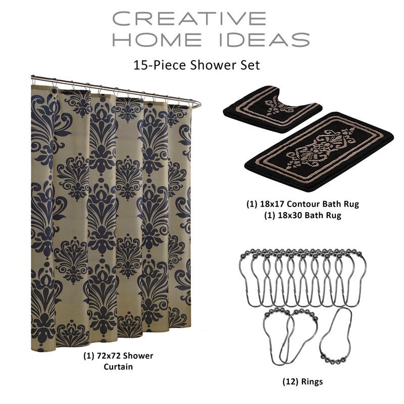 Creative Home Ideas 15-Piece Bathroom Shower Curtain Set â€“ Set of 1 Shower Curtain & 12 Metal Hooks & 1 Bath Mat & 1 Contour Mat, Modern Bathroom DÃ©cor, Machine Washable, Reverly Black/Linen - Image 2